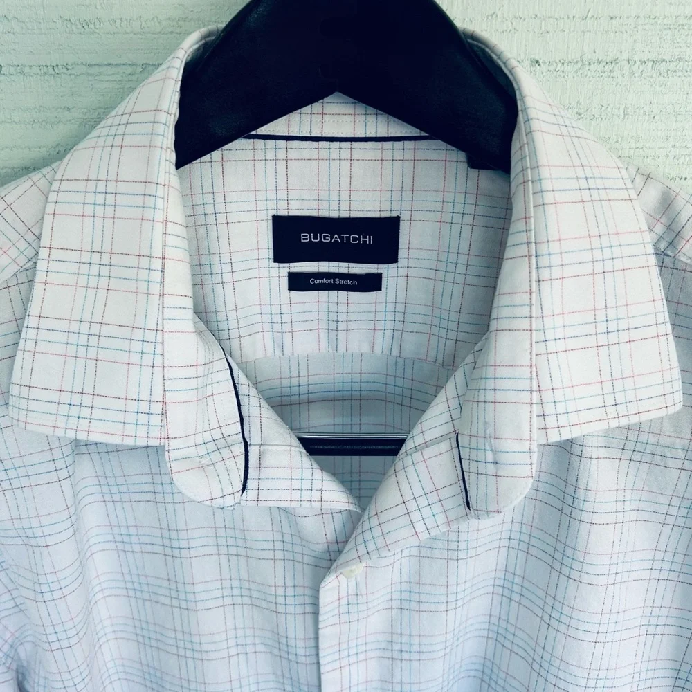 Bugatchi Button-Down Size 17 34/35 White Blue Pink Check Stretch LS (B9-1052)